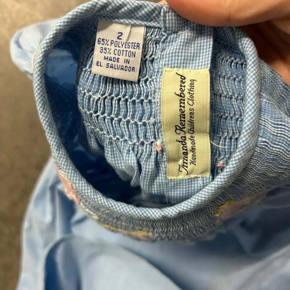 Amanda Remembered Size 2 Blue Gingham Smocked Bishop Dress Hand Embroidered